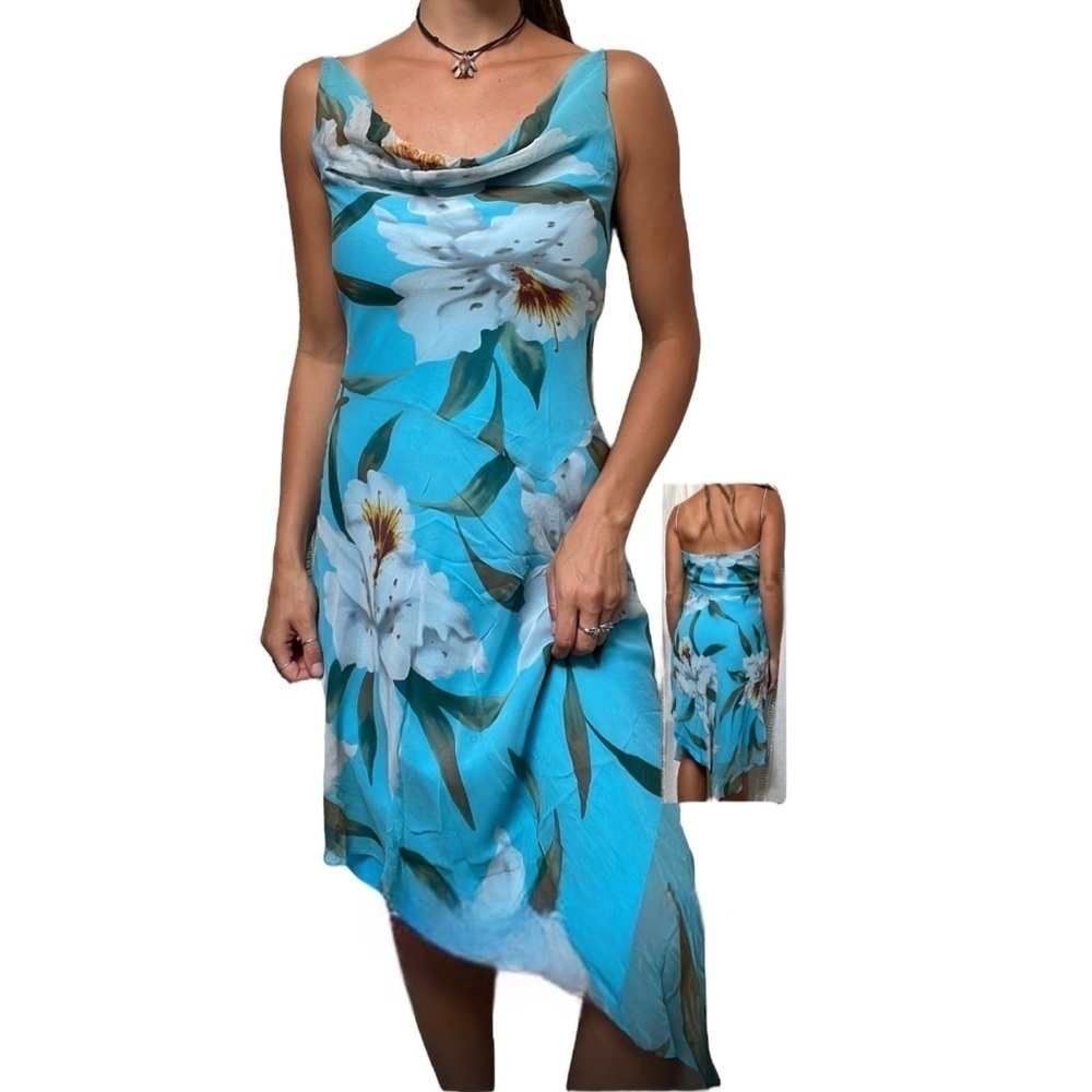 Vintage y2k Laundry by Shelli Segal Silk Blue Floral Asymmetrical Midi Dress 2 - Picture 11 of 11